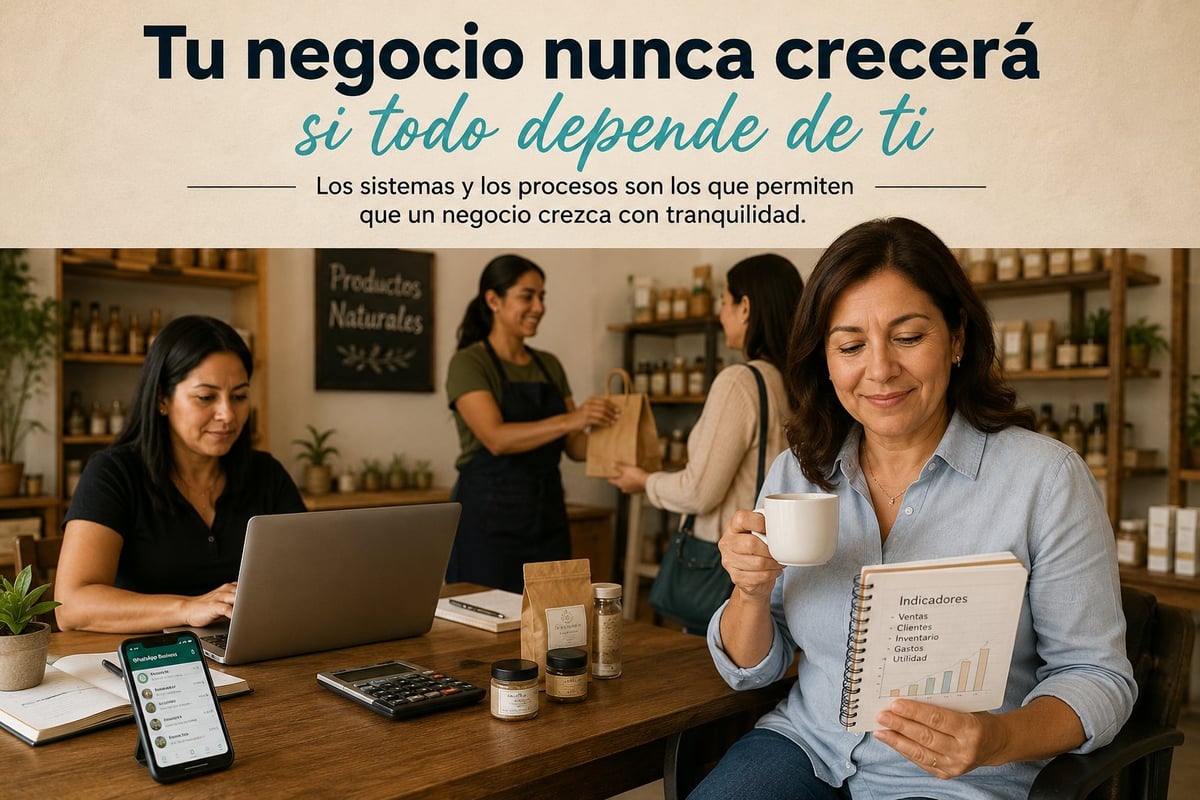 Mujer sosteniendo una taza de café con un cuaderno en un escritorio de madera, con empleados trabajando al fondo en un pequeño negocio, junto a un mensaje motivacional sobre el crecimiento empresarial